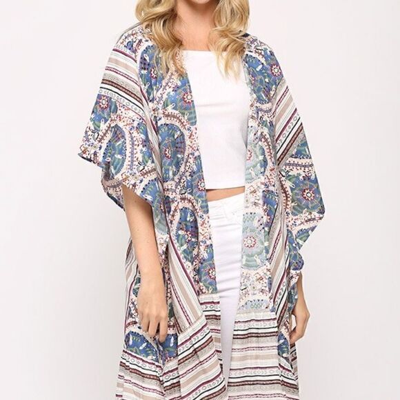 NWT! Beautiful Boho Mandala Tribal Print Ruffled Hem Kimono Duster Cardigan - Picture 2 of 7